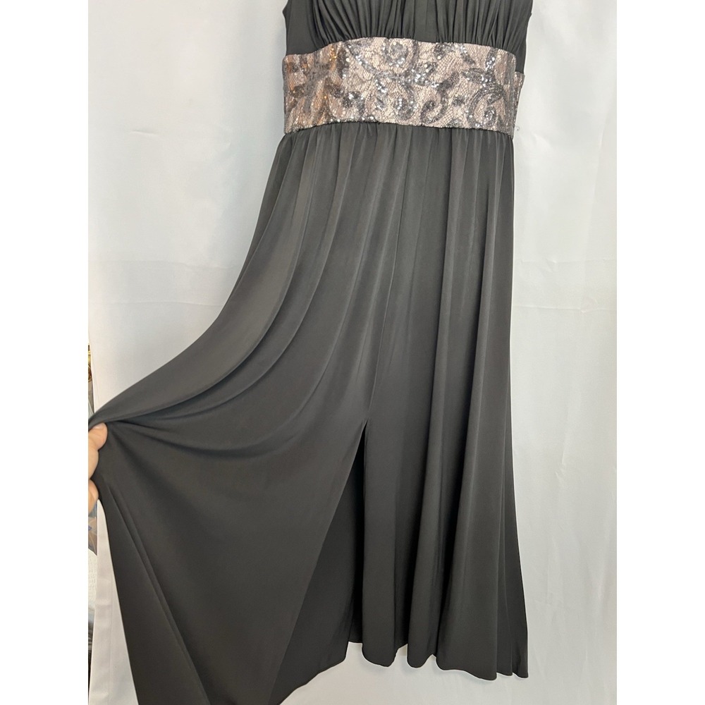 R&M Richards Formal Dress Black Sequined Waist Peephole Slit Sz 16 Prom - Picture 4 of 16